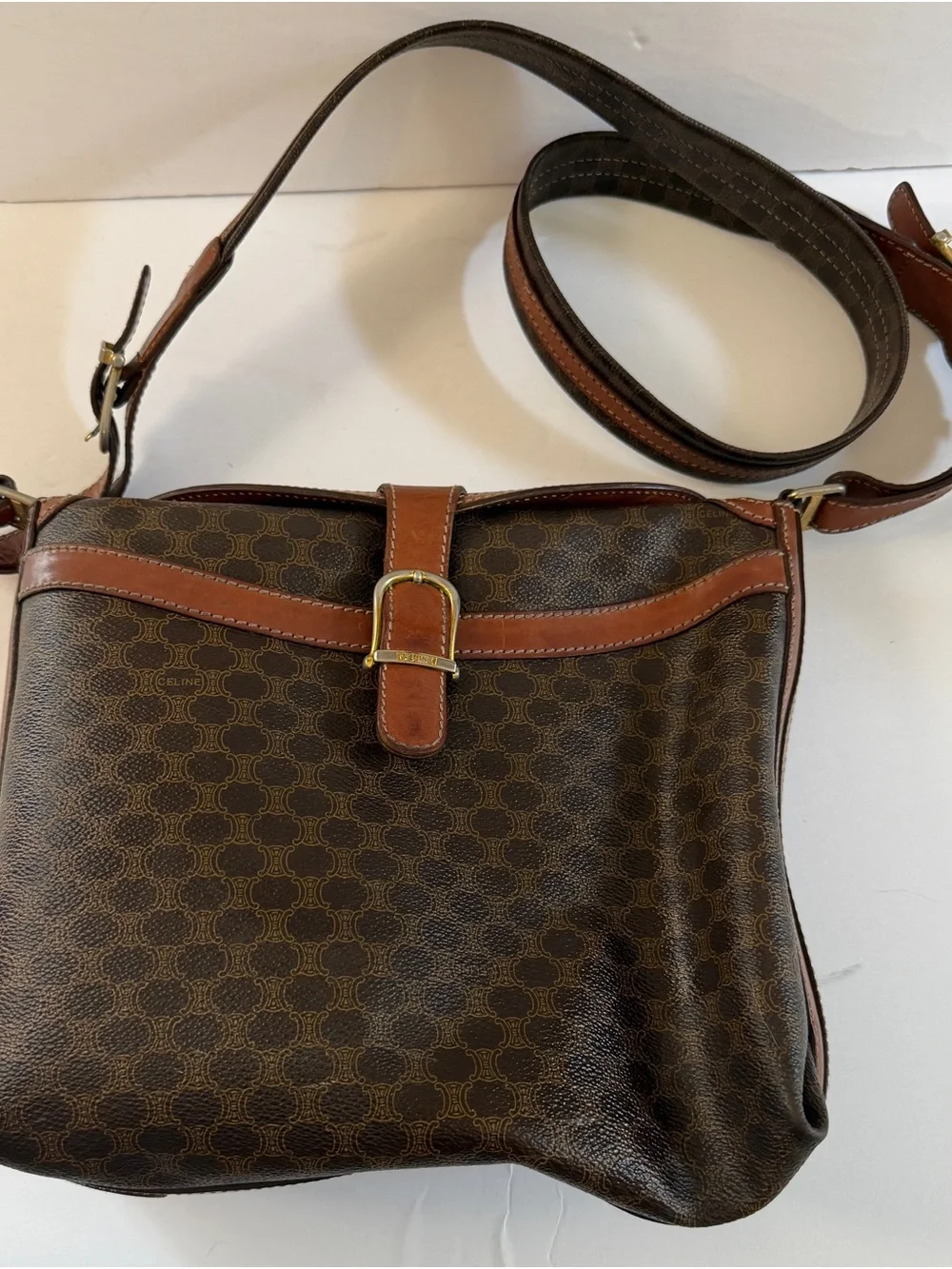 Vintage Celine Macadam Brown Coated Canvas & Tan Leather Crossbody Bag